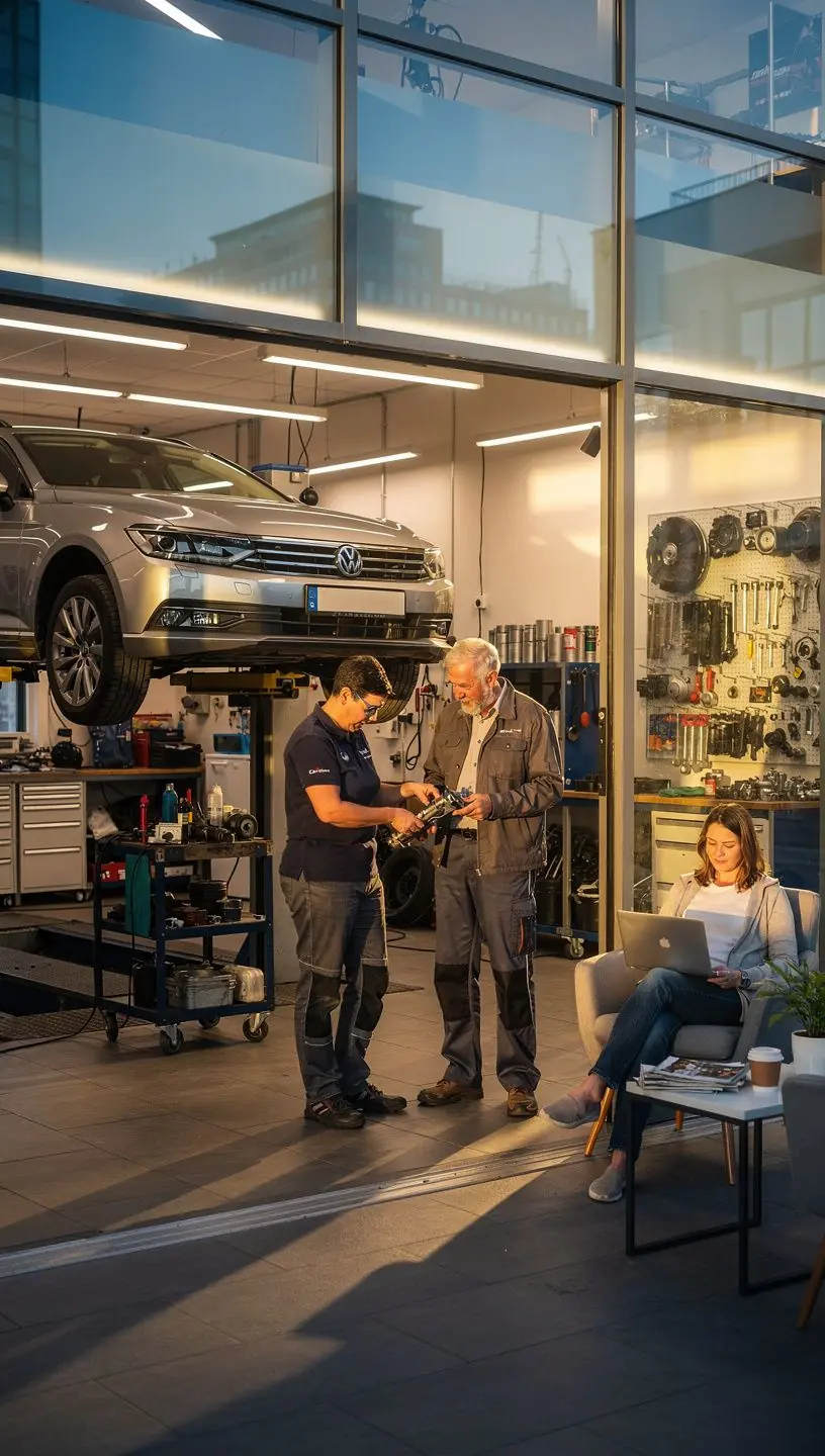 Integriertes Servicezentrum mit Reparatur, Ersatzteilverkauf und umfassendem Kundensupport in einem Gebäude.